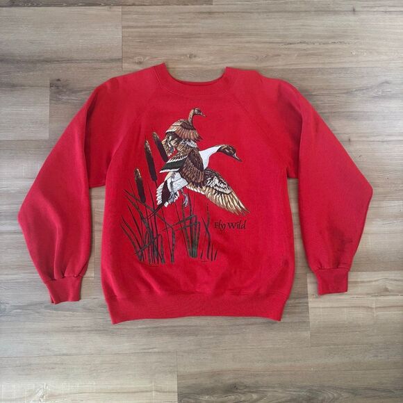 Vintage 80s Fly Wild Canadian Geese Red Sweatshirt Size Large Retro Cottagecore - Picture 1 of 6